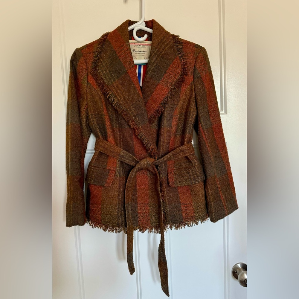 ANTHROPOLOGIE Stunning fall colors jacket with fringe detail, lining and pockets